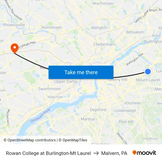 Rowan College at Burlington-Mt Laurel to Malvern, PA map