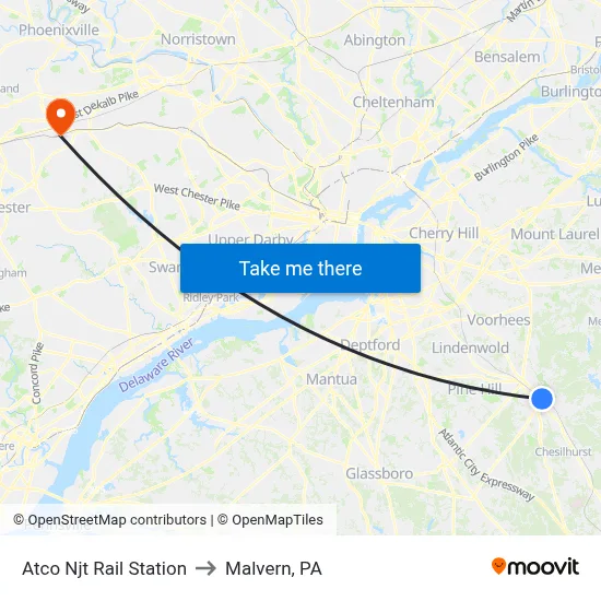 Atco Njt Rail Station to Malvern, PA map