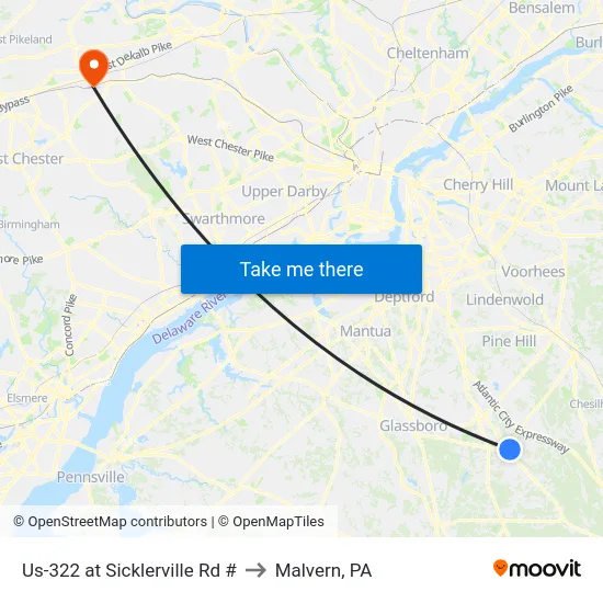 Us-322 at Sicklerville Rd # to Malvern, PA map