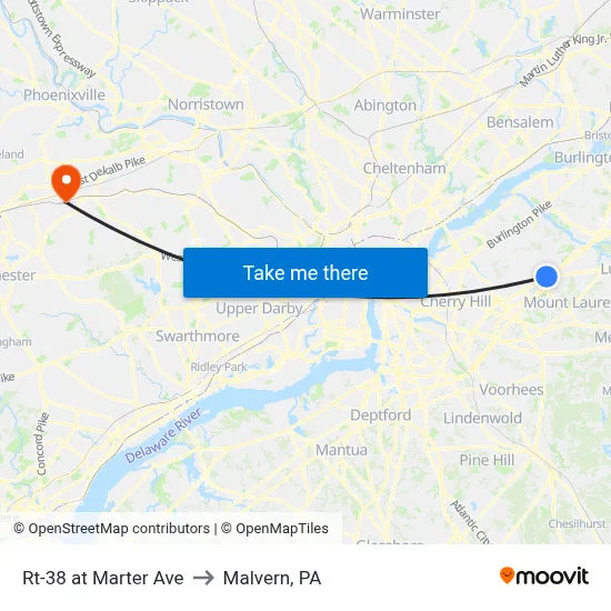 Rt-38 at Marter Ave to Malvern, PA map