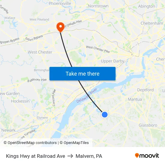 Kings Hwy at Railroad Ave to Malvern, PA map