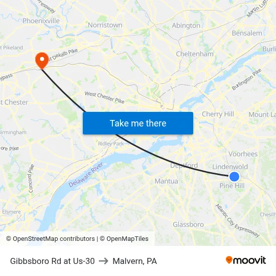 Gibbsboro Rd at Us-30 to Malvern, PA map