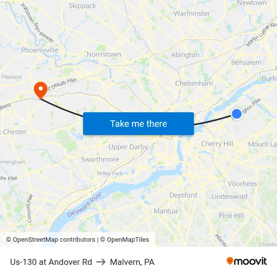 Us-130 at Andover Rd to Malvern, PA map