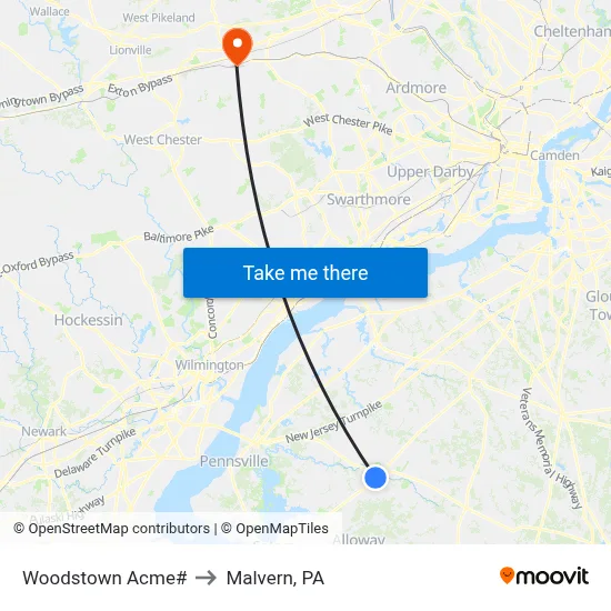 Woodstown Acme# to Malvern, PA map
