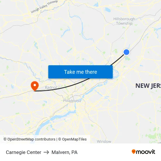 Carnegie Center to Malvern, PA map
