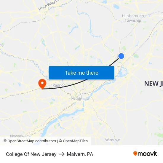 College Of New Jersey to Malvern, PA map