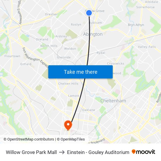 Willow Grove Park Mall to Einstein - Gouley Auditorium map