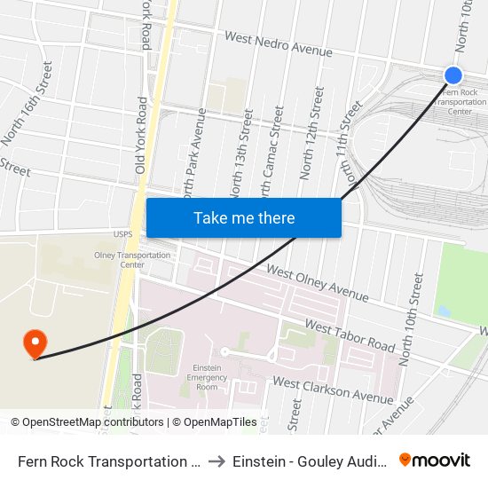 Fern Rock Transportation Center to Einstein - Gouley Auditorium map