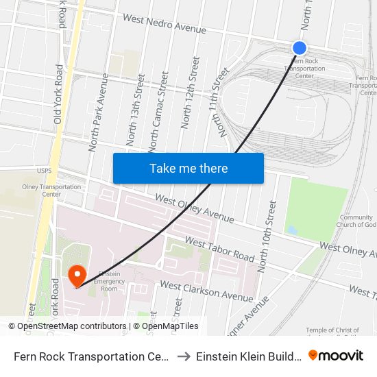 Fern Rock Transit Center to Einstein Klein Building map