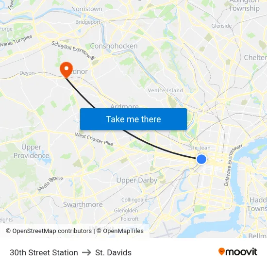 30th Street Station to St. Davids map