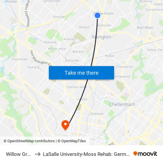 Willow Grove Park Mall to LaSalle University-Moss Rehab: Germantown Health Center (Willow Terrace) map