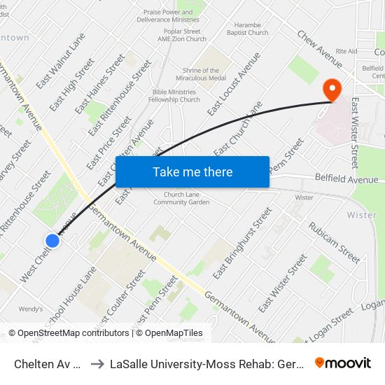 Chelten Av & Greene St - Fs to LaSalle University-Moss Rehab: Germantown Health Center (Willow Terrace) map