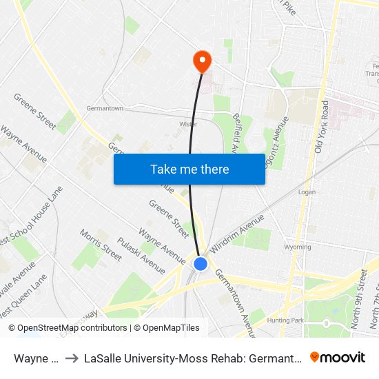 Wayne Junction to LaSalle University-Moss Rehab: Germantown Health Center (Willow Terrace) map