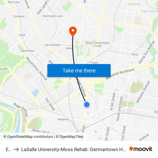 Erie to LaSalle University-Moss Rehab: Germantown Health Center (Willow Terrace) map