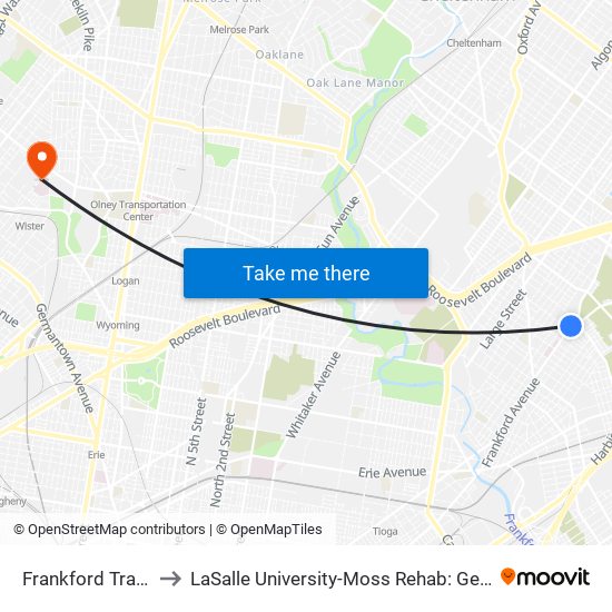 Frankford Transportation Center to LaSalle University-Moss Rehab: Germantown Health Center (Willow Terrace) map