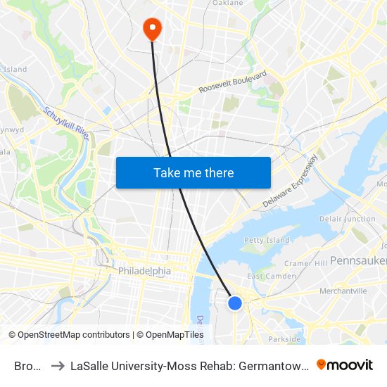 Broadway to LaSalle University-Moss Rehab: Germantown Health Center (Willow Terrace) map