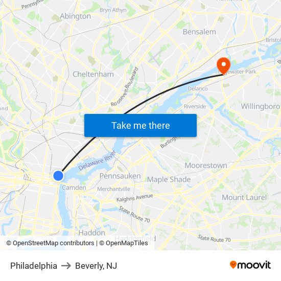 Philadelphia to Beverly, NJ map