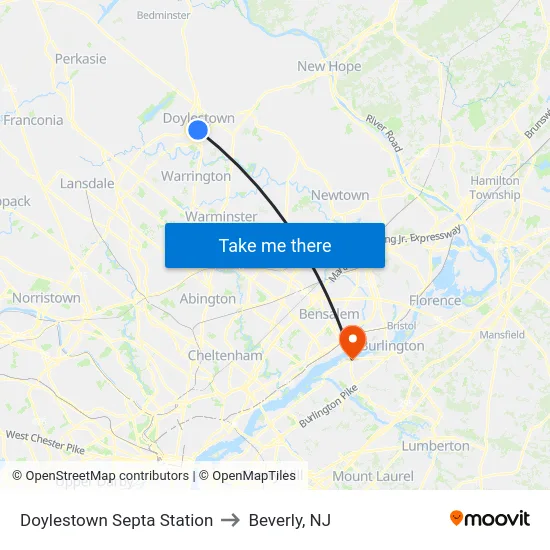 Doylestown Septa Station to Beverly, NJ map