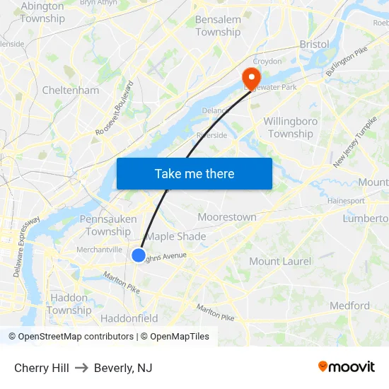 Cherry Hill to Beverly, NJ map