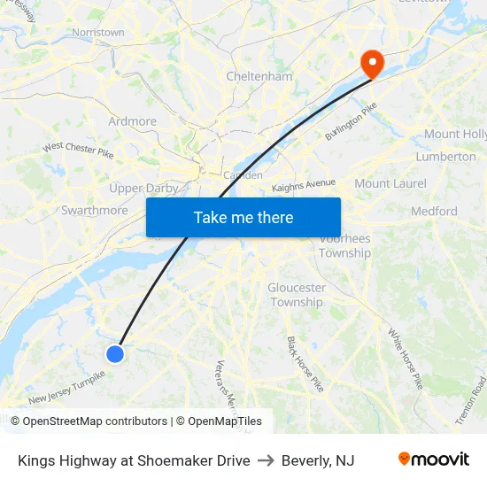 Kings Highway at Shoemaker Drive to Beverly, NJ map