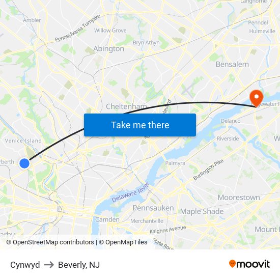 Cynwyd to Beverly, NJ map