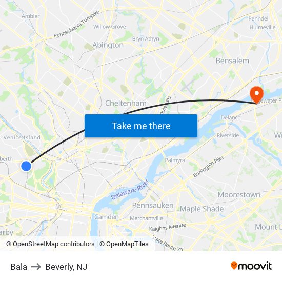 Bala to Beverly, NJ map