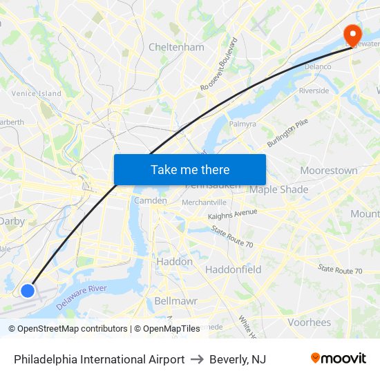 Philadelphia International Airport to Beverly, NJ map