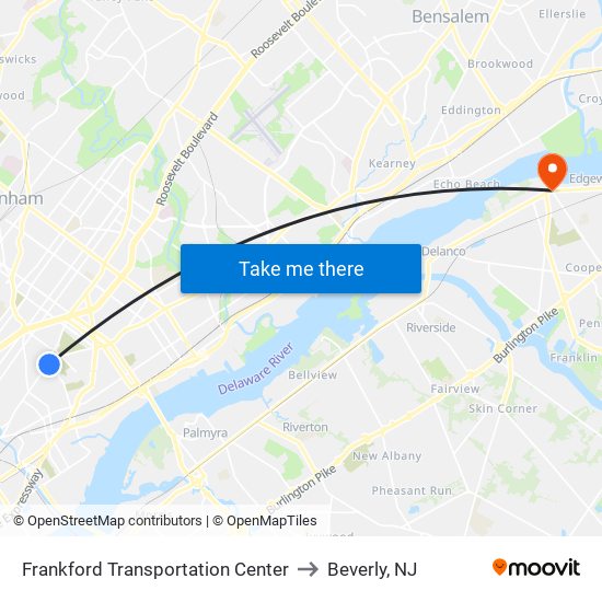 Frankford Transportation Center to Beverly, NJ map