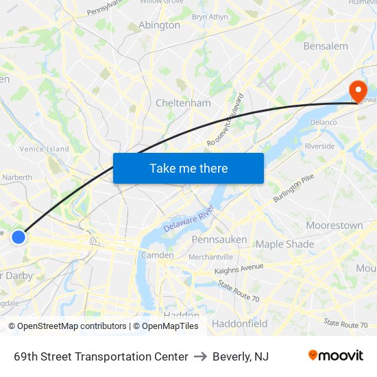 69th Street Transportation Center to Beverly, NJ map