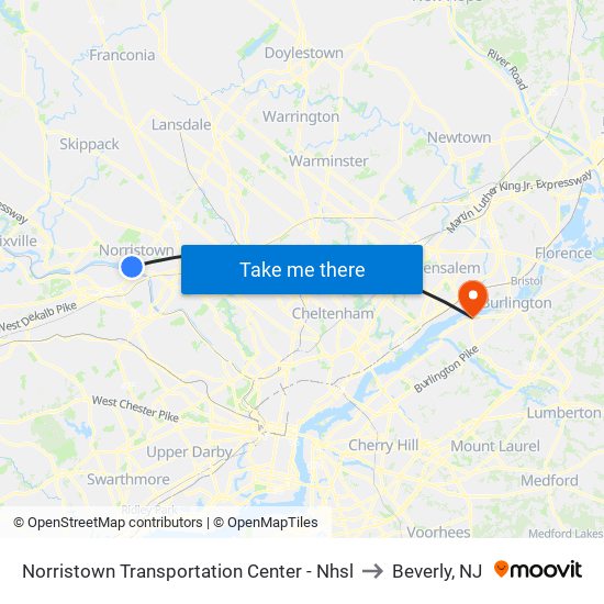 Norristown Transportation Center - Nhsl to Beverly, NJ map