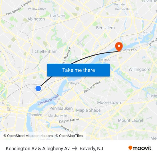 Kensington Av & Allegheny Av to Beverly, NJ map