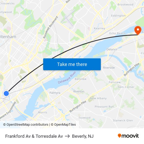 Frankford Av & Torresdale Av to Beverly, NJ map