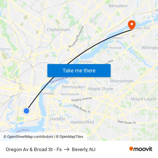 Oregon Av & Broad St - Fs to Beverly, NJ map