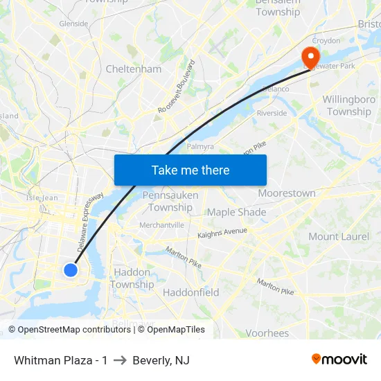 Whitman Plaza - 1 to Beverly, NJ map