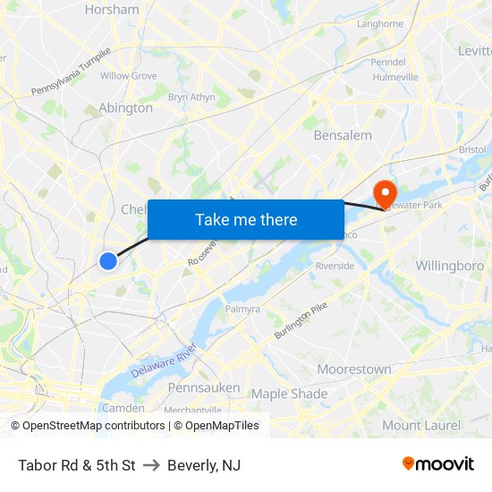 Tabor Rd & 5th St to Beverly, NJ map