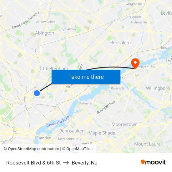 Roosevelt Blvd & 6th St to Beverly, NJ map