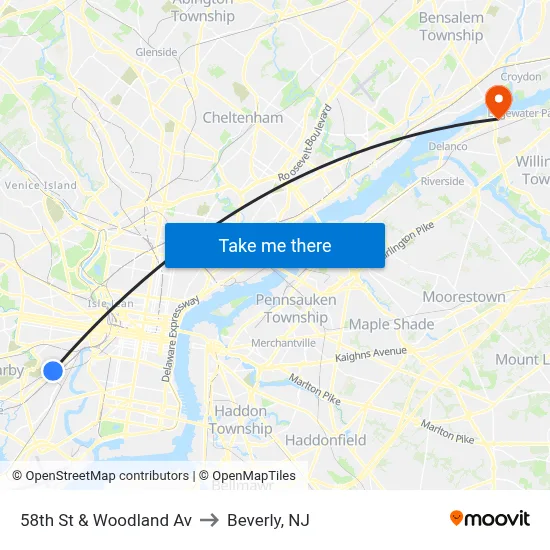 58th St & Woodland Av to Beverly, NJ map