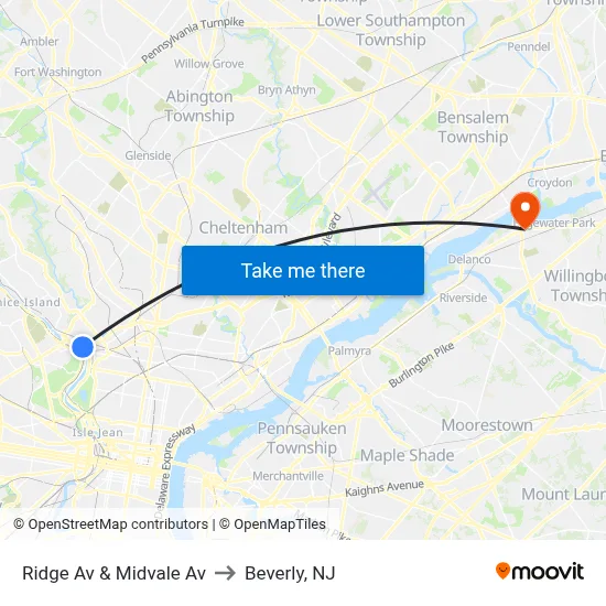 Ridge Av & Midvale Av to Beverly, NJ map