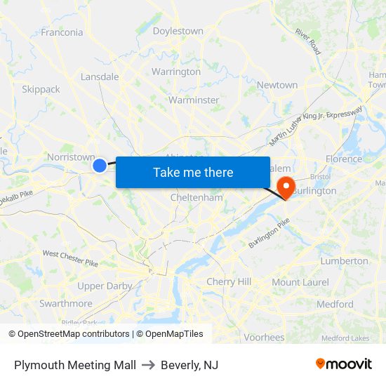 Plymouth Meeting Mall to Beverly, NJ map