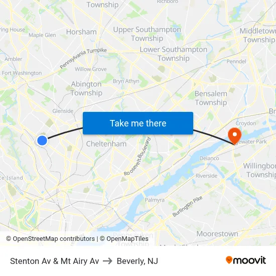 Stenton Av & Mt Airy Av to Beverly, NJ map