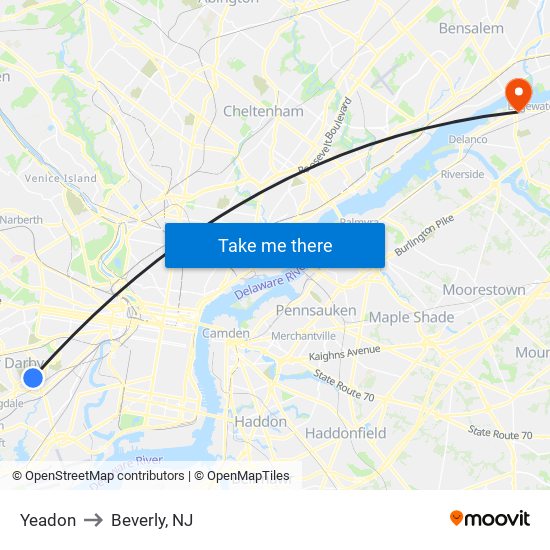 Yeadon to Beverly, NJ map