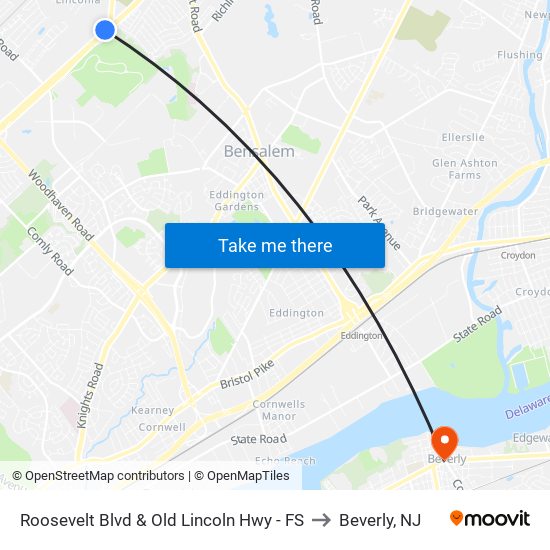 Roosevelt Blvd & Old Lincoln Hwy - FS to Beverly, NJ map