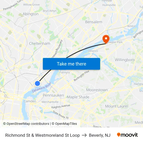 Richmond St & Westmoreland St Loop to Beverly, NJ map