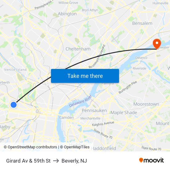 Girard Av & 59th St to Beverly, NJ map