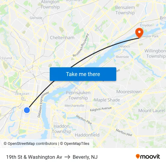 19th St & Washington Av to Beverly, NJ map
