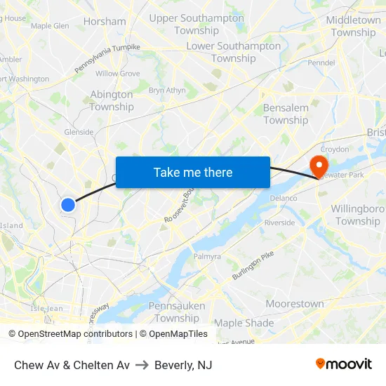 Chew Av & Chelten Av to Beverly, NJ map