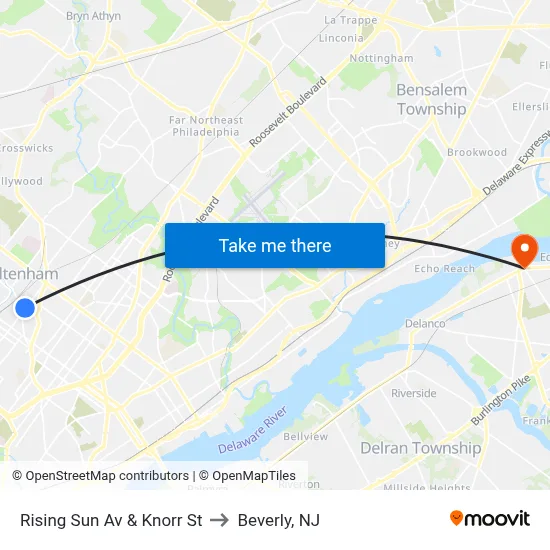 Rising Sun Av & Knorr St to Beverly, NJ map