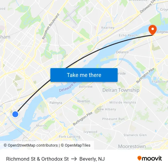 Richmond St & Orthodox St to Beverly, NJ map