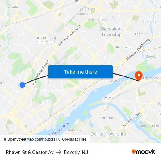 Rhawn St & Castor Av to Beverly, NJ map