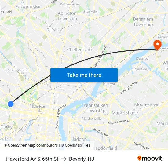 Haverford Av & 65th St to Beverly, NJ map